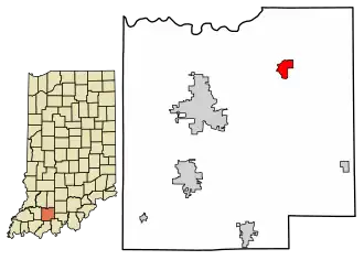 Location of Dubois in Dubois County, Indiana.