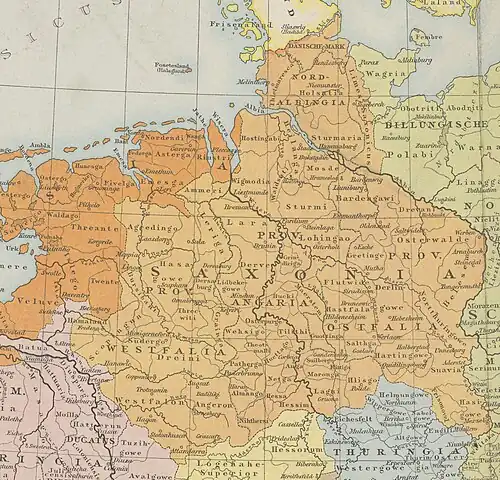 The later stem duchy of Saxony (c. 1000 AD), which was based in the Saxons' traditional homeland bounded by the rivers Ems, Eider and Elbe