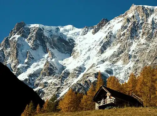 Monte Rosa's 2,400-metre-high (7,900&nbsp;ft) east face, as seen from upper end of Valle Anzasca (Piedmont, Italy)