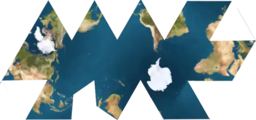 This icosahedral net shows connected oceans surrounding Antarctica.