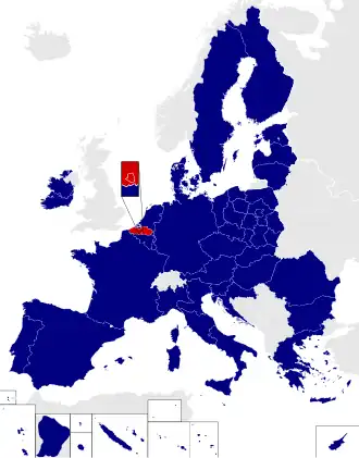 Map of the European Parliament constituencies with Dutch-speaking electoral college highlighted in red