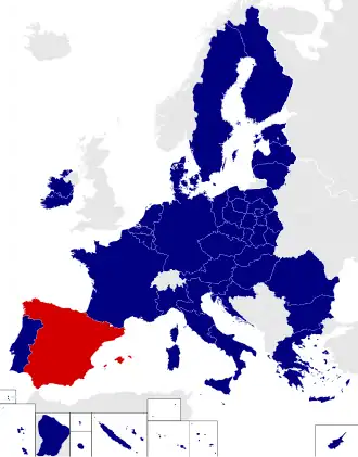 Map of the European Parliament constituencies with Spain highlighted in red