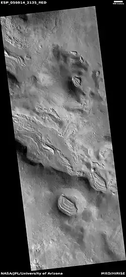 Wide view of groups of layers, as seen by HiRise under HiWish program. These layers probably represent mantle deposited when climate changed. They were shaped by the wind.