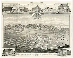 1888 Bird's-eye view of Alosta, depicting the planned streets and notable buildings