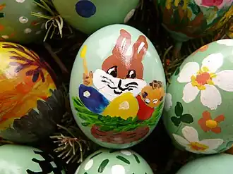 An Easter egg decorated with the Easter Bunny