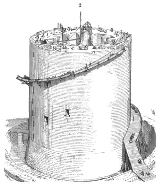 A half-finished circular tower with scaffolding near the top. There are holes in the tower and workers on top.