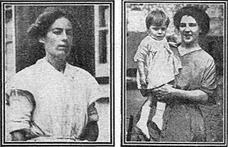 Two women in their thirties, both with black hair. Gooding, on the right, holds her young daughter in her arms.