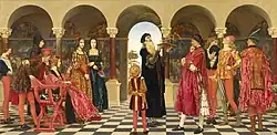 The Forerunner or The Court of Ludovico il Moro. Eleanor Fortescue-Brickdale. On the left, you can recognize Duchess Beatrice, to whom a courtier whispers something in her ear; fra' Savonarola, Cecilia Gallerani and Elisabetta Gonzaga; a page also embraces a monkey, a tribute to the one actually owned by the dukes. On the right Leonardo da Vinci shows his model flying machine to Duke Ludovico; some courtiers and the little blond Ercole Massimilianoassist amused.