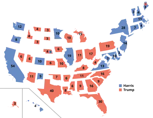 A discontinuous cartogram of state results, scaled by their Electoral College contribution