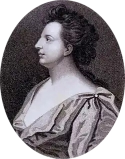 Black and white engraving of a woman's head and shoulders in profile