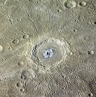 Exaggerated color view of Eminescu crater