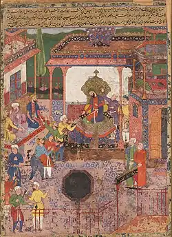 Emissaries bring news from the provinces of Khaybar and Chin to Anoshirvan. From the Hamzanama