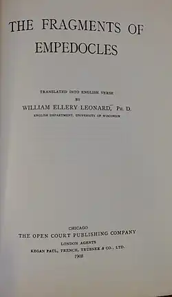 Title page to a 1908 copy of "The Fragments of Empedocles," translated by Leonard