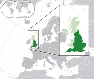 Location of England (dark green) – in Europe (green & dark grey) – in the United Kingdom (green)