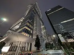 Entrance of the Toranomon Hills Station Tower, as pictured at night in October 2024.