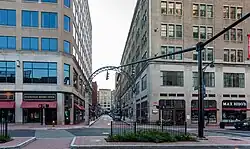 The entrance to Pratt Street, a pedestrian area with shops