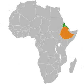 Map indicating locations of Eritrea and Ethiopia