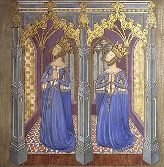 Reconstruction of a medieval mural painting, possibly Queen Philippa and her daughter, by Ernest William Tristram (1927)