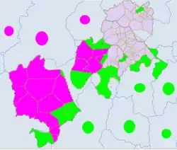 Ethnic townships in Central Sichuan Ya'an and Garzê. Light green - Yi. Red - Tibetan.