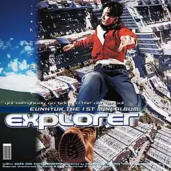 A man with a red jacket jumping with the background of city skylines