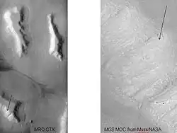 The arrow in the left picture points to a possibly valley carved by a glacier. The image on the right shows the valley greatly enlarged in a Mars Global Surveyor image.
