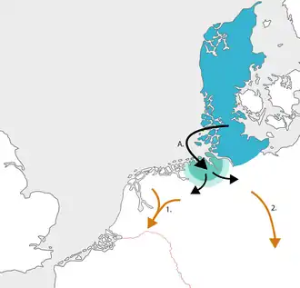 &nbsp;&nbsp;Position of North Sea Germanic dialects before the migration period (3rd century CE). &nbsp;&nbsp;Migration of the Saxons from the territory of the Angles (A.). &nbsp;&nbsp;Migration of Weser Rhine Germanic speakers towards the Roman limes (1.), southward migration of Elbe Germanic speakers (2.).