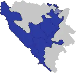 Location of the Federation of Bosnia and Herzegovina (blue) within Bosnia and Herzegovina. Brčko District is light blue. a