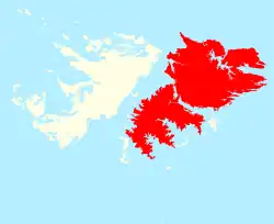 Location of&nbsp;East Falkland&nbsp;(red) in the&nbsp;Falkland&nbsp;Islands&nbsp;(red & white)