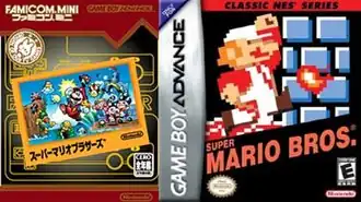 On the left, a yellow box with a hand drawn image of Mario jumping over the water surrounded by enemies, diagonally inset into a larger red and black background with gold trim. On the right, a black box with a pixelated image of Fire Mario jumping near a wall, about to fall below the lava.