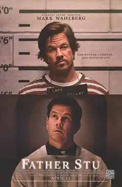 Two pictures, one of a man being photographed for a police mugshot, another of the same man as a priest