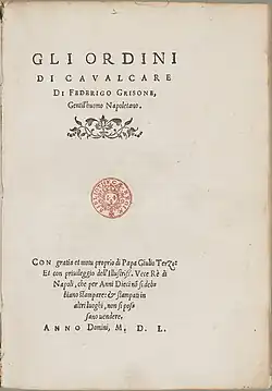 Title-page of the first edition of Gli ordini di cavalcare, 1550