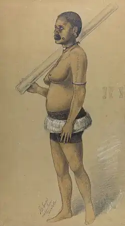 Watercolour illustration of a woman standing upright, facing left with a long pole over her right shoulder. She has closely shaven dark hair, and black tattoo markings around her mouth. She is shirtless. Around her hips is a wide belt made of plant fibre, beneath it you can see her tattooes and patterned skin, which is approximately the area of boxer shorts. Her legs and feet are bare.