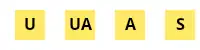 Four yellow boxes with black letters: U, UA, A and S
