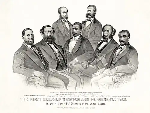 Image 33First Colored Senator and Representatives: Sen. Hiram Revels (R-MS), Rep. Benjamin Turner (R-AL), Robert DeLarge (R-SC), Josiah Walls (R-FL), Jefferson Long (R-GA), Joseph Rainey and Robert B. Elliott (R-SC), 1872 (from Civil rights movement (1865–1896))