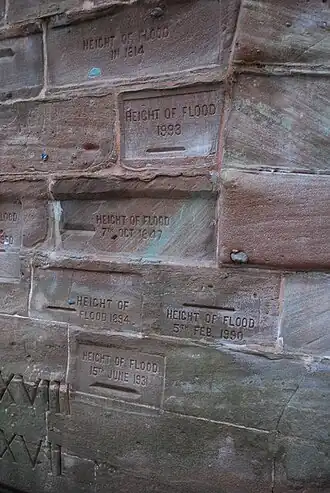 Flood water levels of the Tay etched into the bridge's brickwork