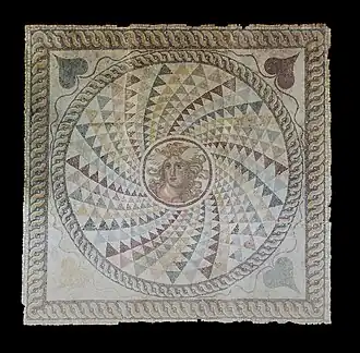 Medusa mascaron on a mosaic floor, National Archaeological Museum, Athens, Greece, unknown architect or craftsman, 2nd century[21]