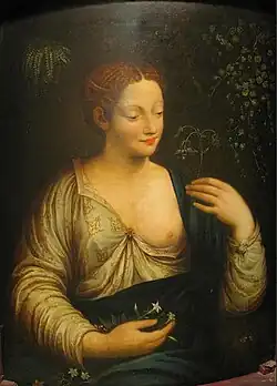 After Francesco Melzi, "Flora." Oil on panel, 30 1/4 x 22 1/2 in. Private collection (Bonhams Period Art & Design, San Francisco, 20 Jan 2013, lot 3001).