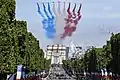 The Patrouille de France with nine Alpha Jets over the Champs-Élysées in Paris in 2017, during the Bastille Day military parade