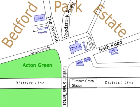 The Tabard inn and the Bedford Park Stores were among the community buildings meant to form the focal point of Jonathan Carr's Bedford Park garden suburb.[3]