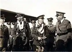 Bird of Paradise crewmen Lts. Maitland and Hegenberger are congratulated after landing at Wheeler Field.