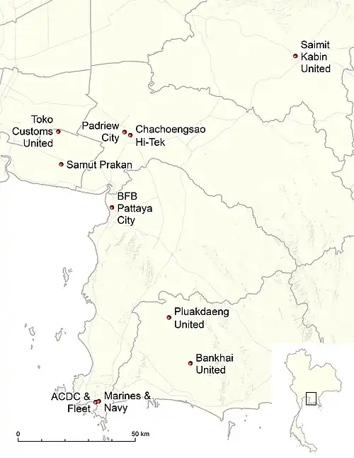 Locations of the 2024–25 Thai League 3 Eastern Region clubs