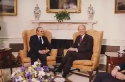 Gerald Ford and Turkish ambassador Melih Esenbel sit in the Oval Office. A single pot of pruned Swedish ivy is on the mantle behind them, taking up a small amount of space on the middle.