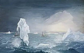 Painting of a ship with sails traversing a rough sea with icerbergs. A white glow, the iceblink, fills the sky.