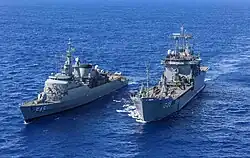 Almirante Saboia sails alongside União during naval exercises, 2018.