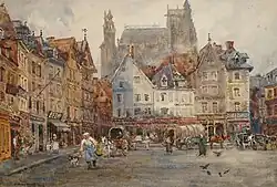 'Market square at Chartres'. Watercolour. Signed and dated 1903