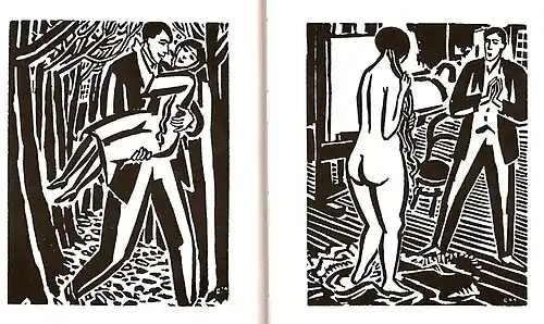 Two panels from wordless novel. On the left, a man carries a woman through the woods. On the right, a man looks at a nude in a studio.