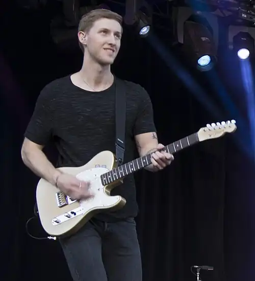 Freddie Edwards standing in for Rick Parfitt with Status Quo, at Gröna Lund, Stockholm, Sweden, July 2016 (cropped).jpg