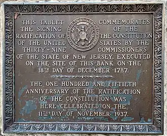 Plaque commemorating New Jersey's ratification of the United States Constitution on the One West State Street building now at this site