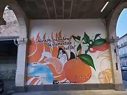 The Clementine Mural painting in Puisserguier France, representing Father Abram, founder of the Misserghin orphanage where the 1st citrus clementina was selected by brother Clement, a map of the different locations mentioned, and the citrus flowers, whole smooth fruit and some of its easy to peel separated sections.