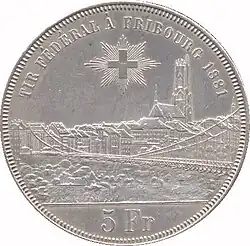 Swiss cross above city view of Fribourg. Legend and date along edge, denomination at bottom.